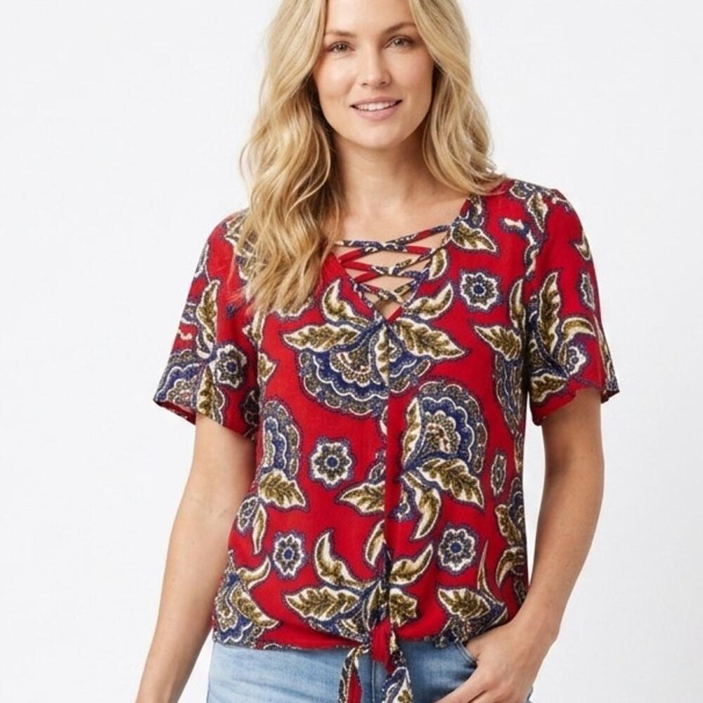 Maurices Tie Hem Top Womens Large Red Floral Criss Cross Bold Knit Tee